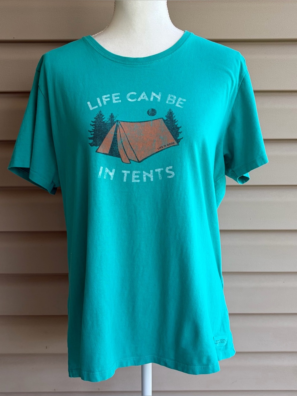 •Life is Good•  “Life Can Be In Tents” Graphic Crusher Tee - Size XL